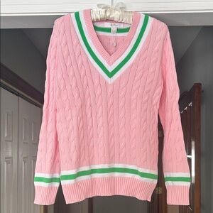 NWT Lilly Pulitzer Cotton V Neck Tennis Sweater Light Pink Green White Size S